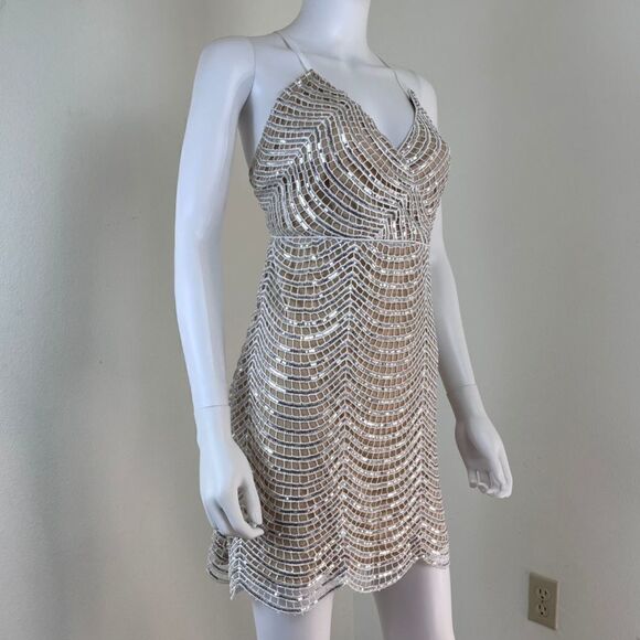 Lulus Lele Women Size L White Silver Sequin Mini NEW Dress Strappy Holiday Party - Picture 14 of 15